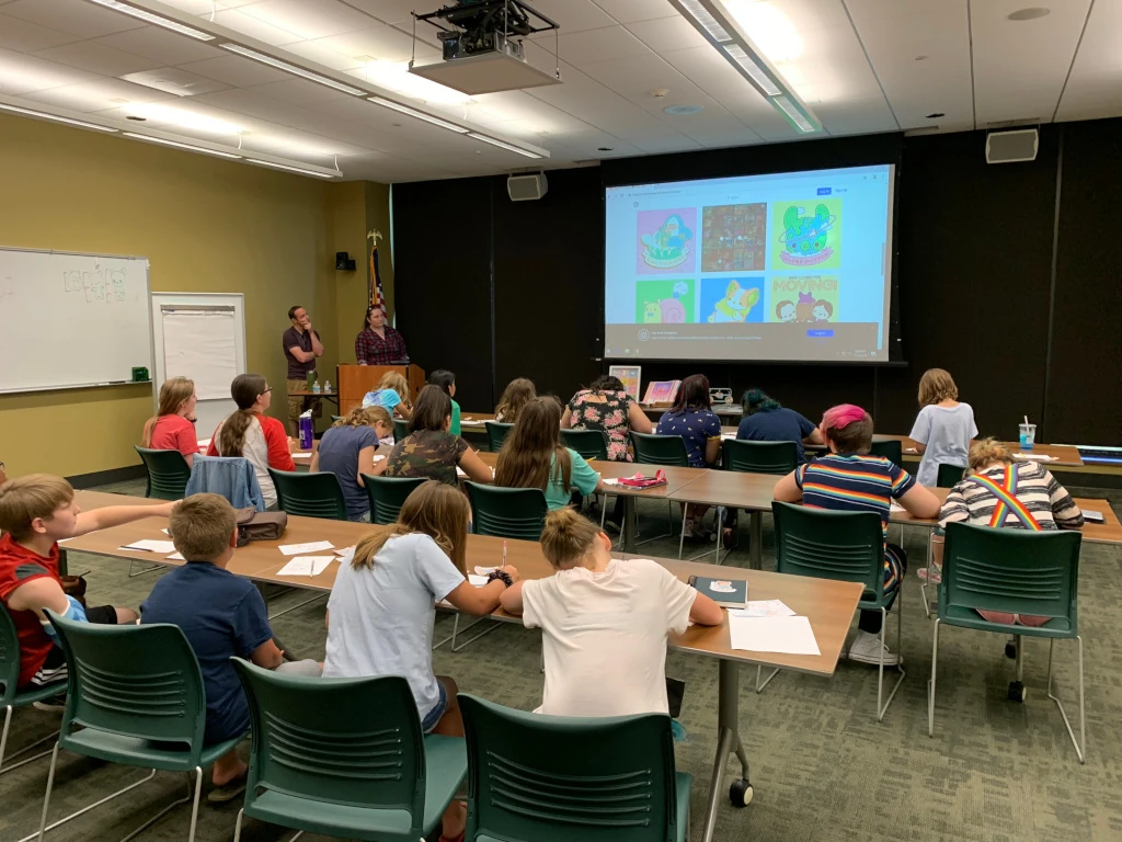 Young patrons attending a workshop held in one of the library's meeting rooms.